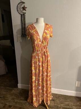 Rachel Pally XS Orange Yellow Floral Print Modal Wrap Maxi Dress